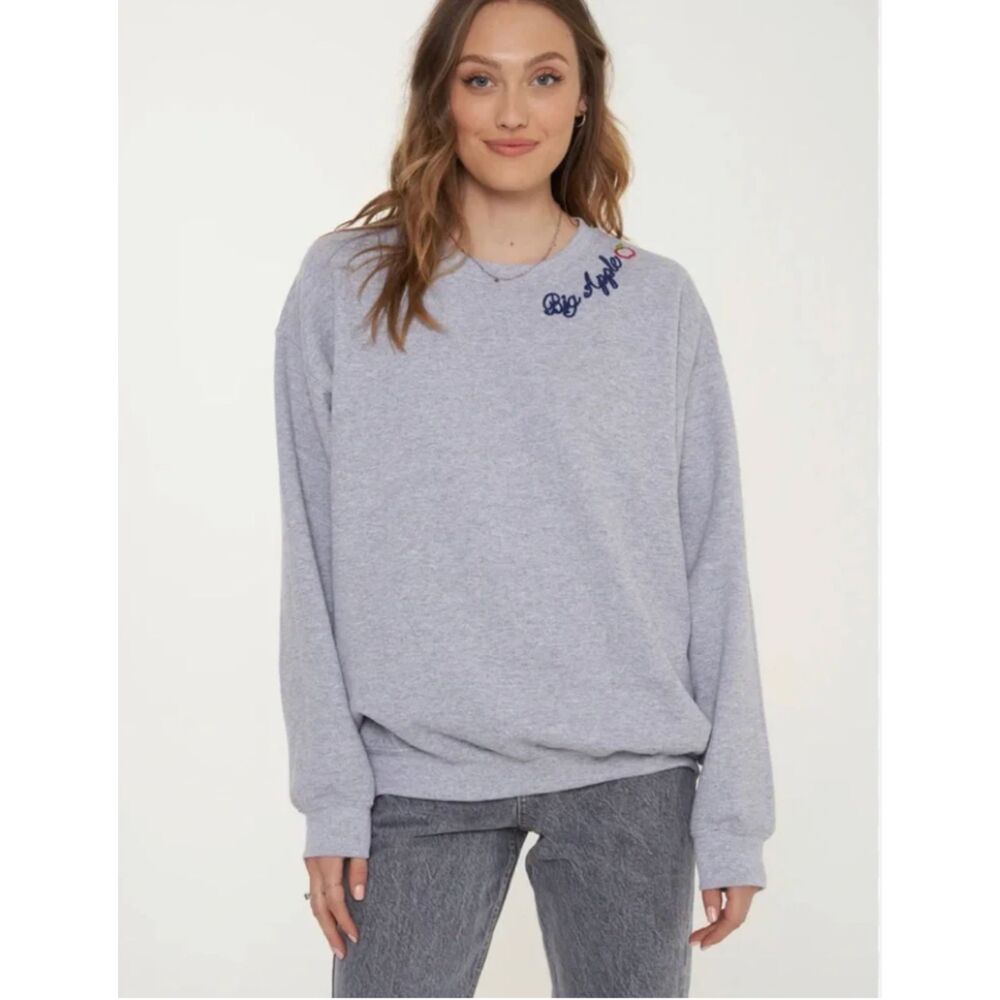 PROJECT SOCIAL T Big Apple Embroidered Crewneck Sweatshirt Gray L/XL